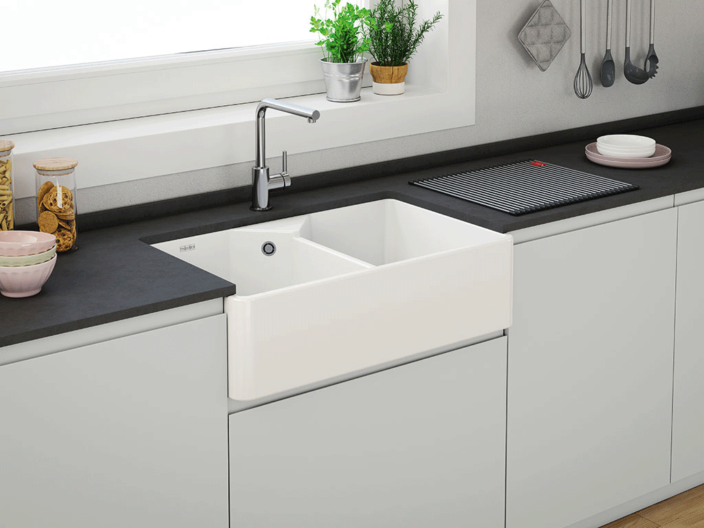 Franke Belfast ceramic bowl in white in 3 different installations