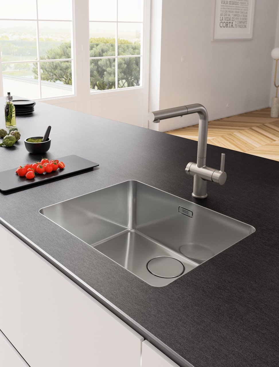 Mythos stainless-steel bowl and stainless-steel worktop,  black pearl finishing