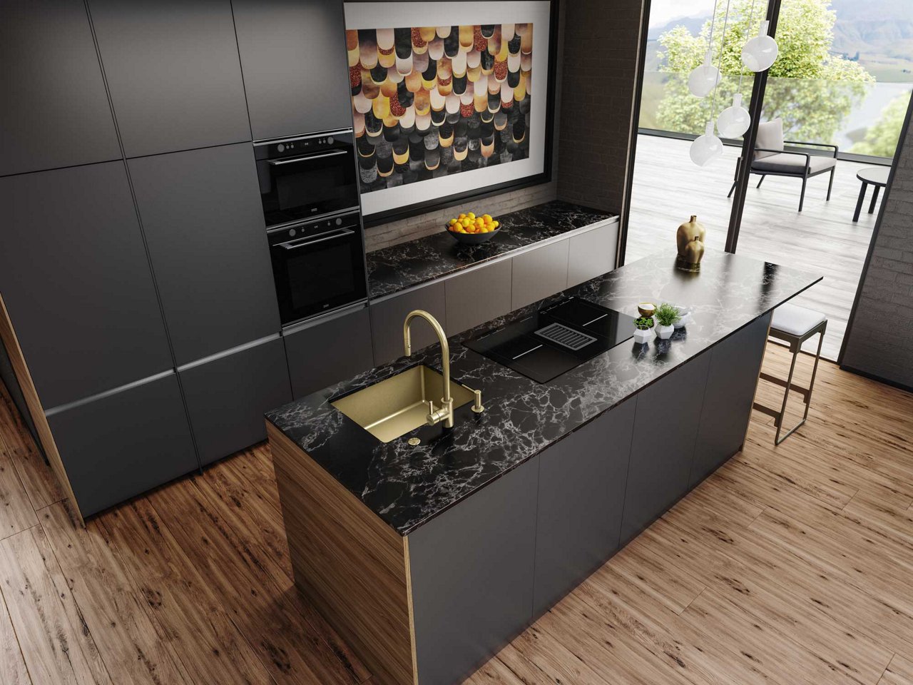 Modern dark kitchen with gold sink and faucet