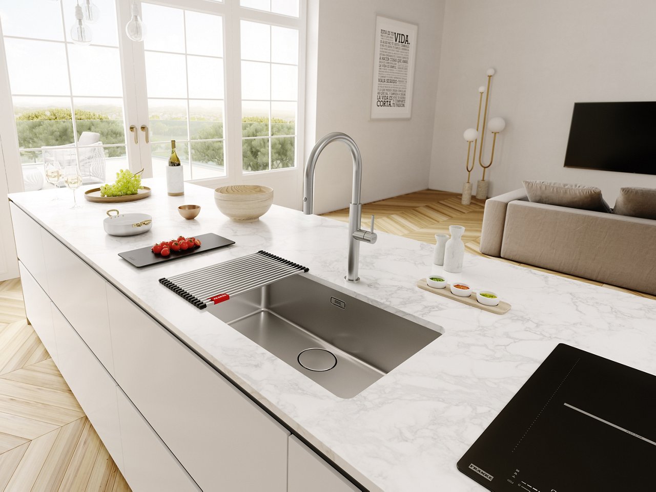 Franke Mythos bowl in stainless steel and Pescara kitchen tap