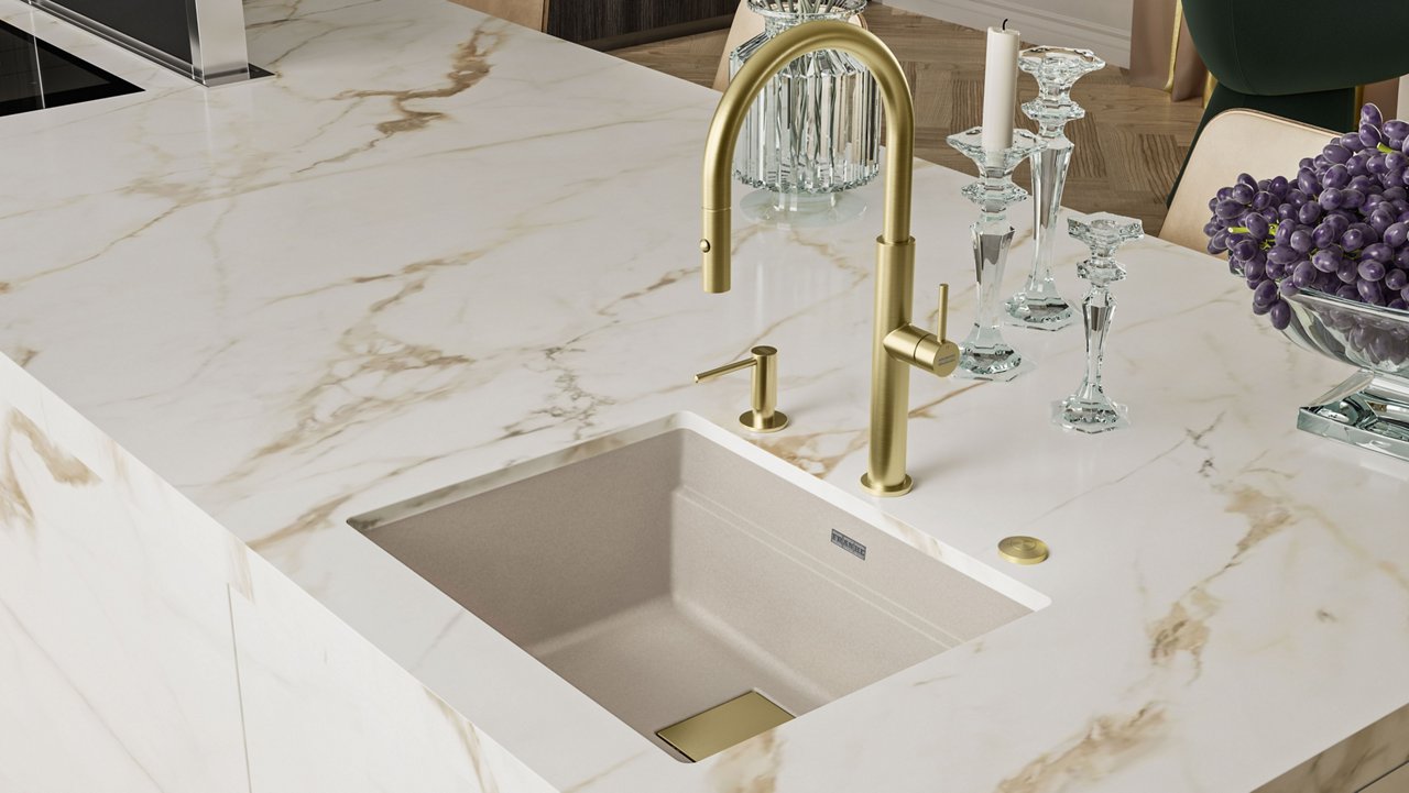 Franke kitchen sink and kitchen tap with gold finishes