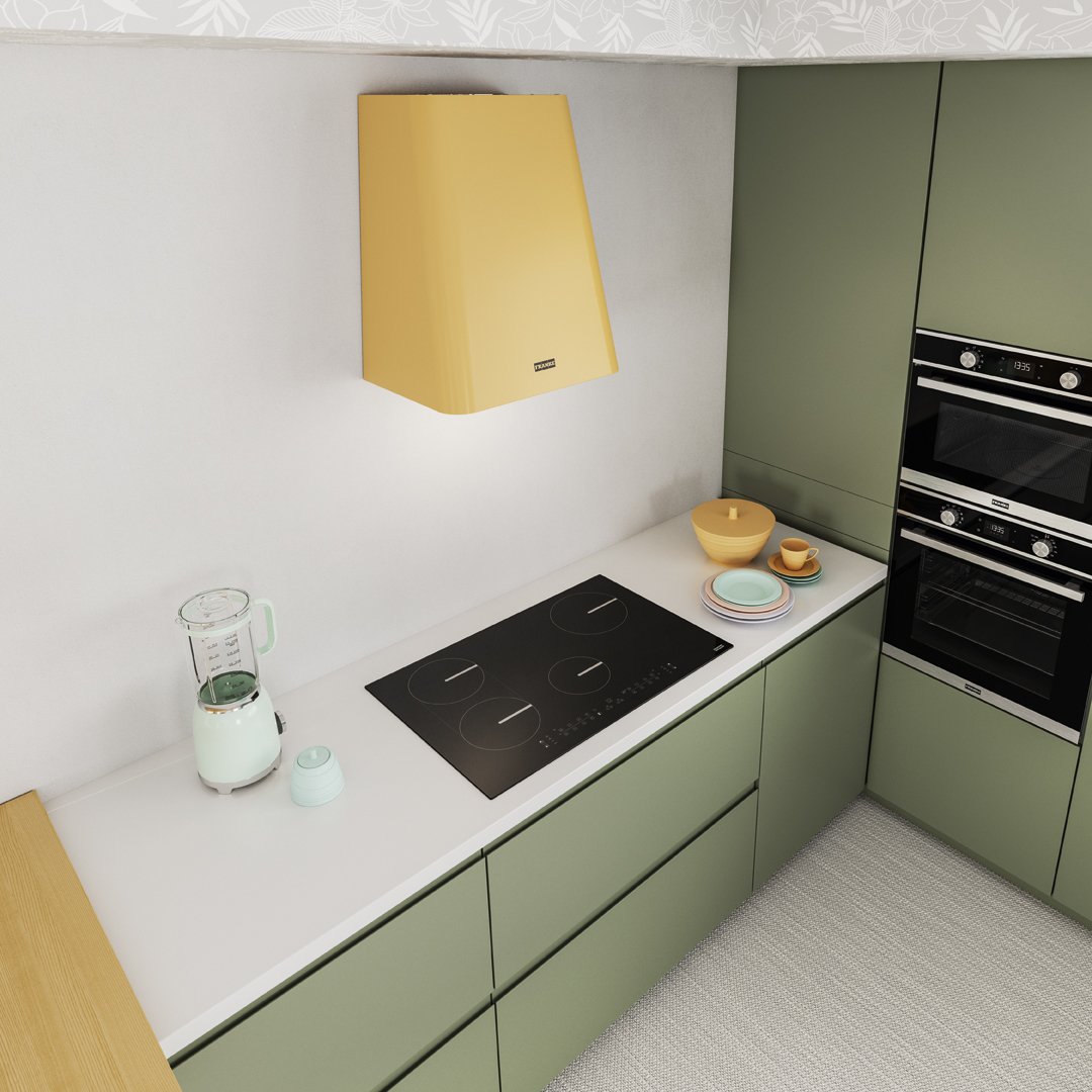 Cocina con tonos blancos y marrones y una columna de elecotrodomesticos 