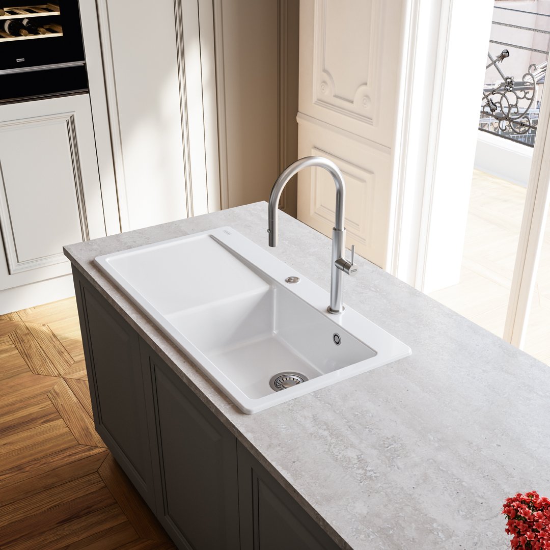 Franke white ceramic kitchen sink with a stainless steel kitchen tap