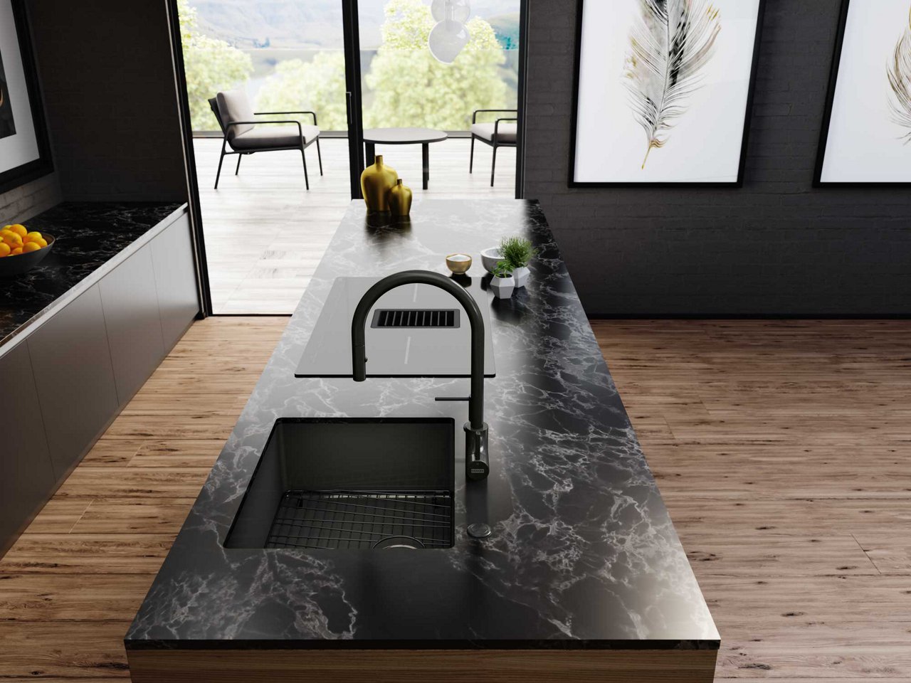 Modern kitchen with island featuring a single bowl undermount Mytho Masterpiece sink in Anthracite finish paired with an pull down faucet and soap dispenser in a matching finish. 
