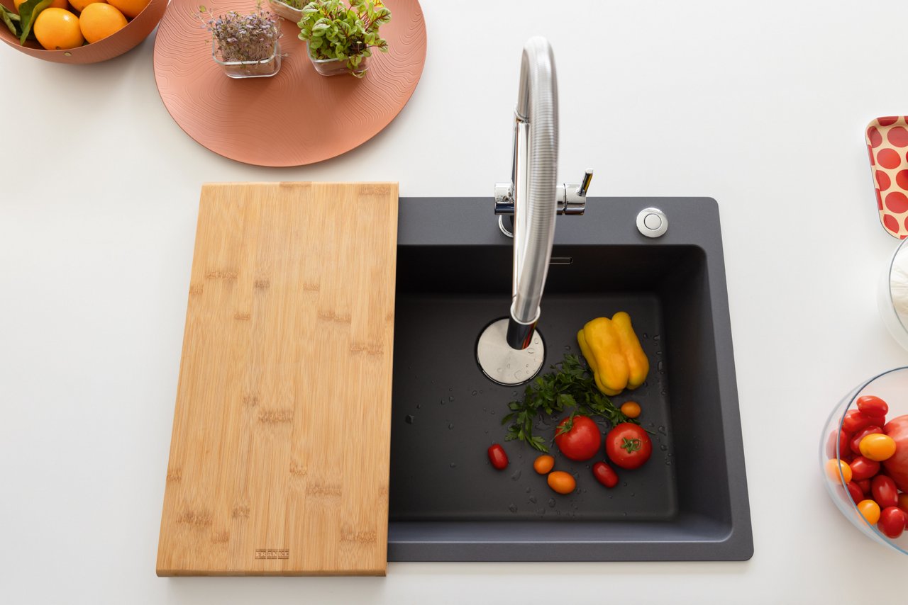 close up of grey maris bowl sink