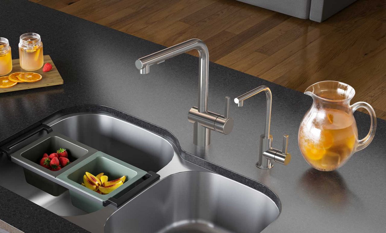 Double bowl Franke sink paired with Atlas Neo Faucet and Atlas Neo Cold Filtration tap