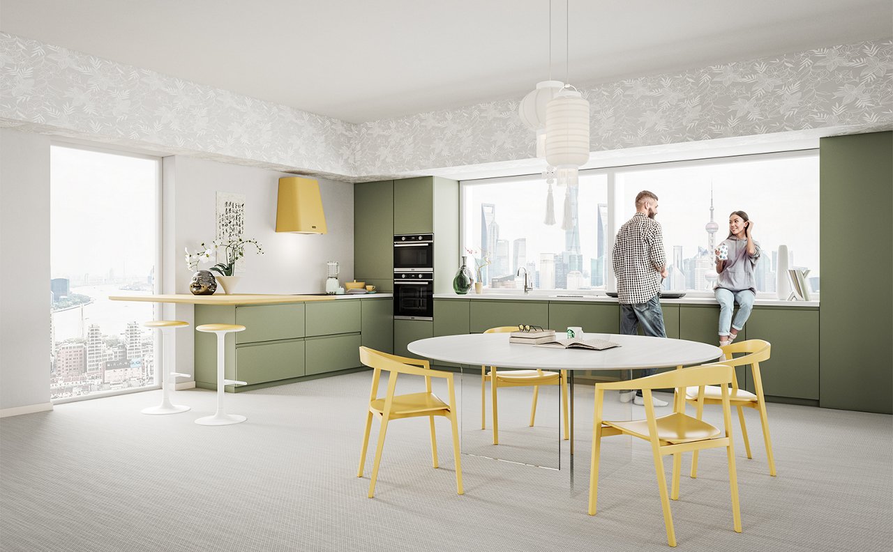 Bright modern kitchen green cabinetry 