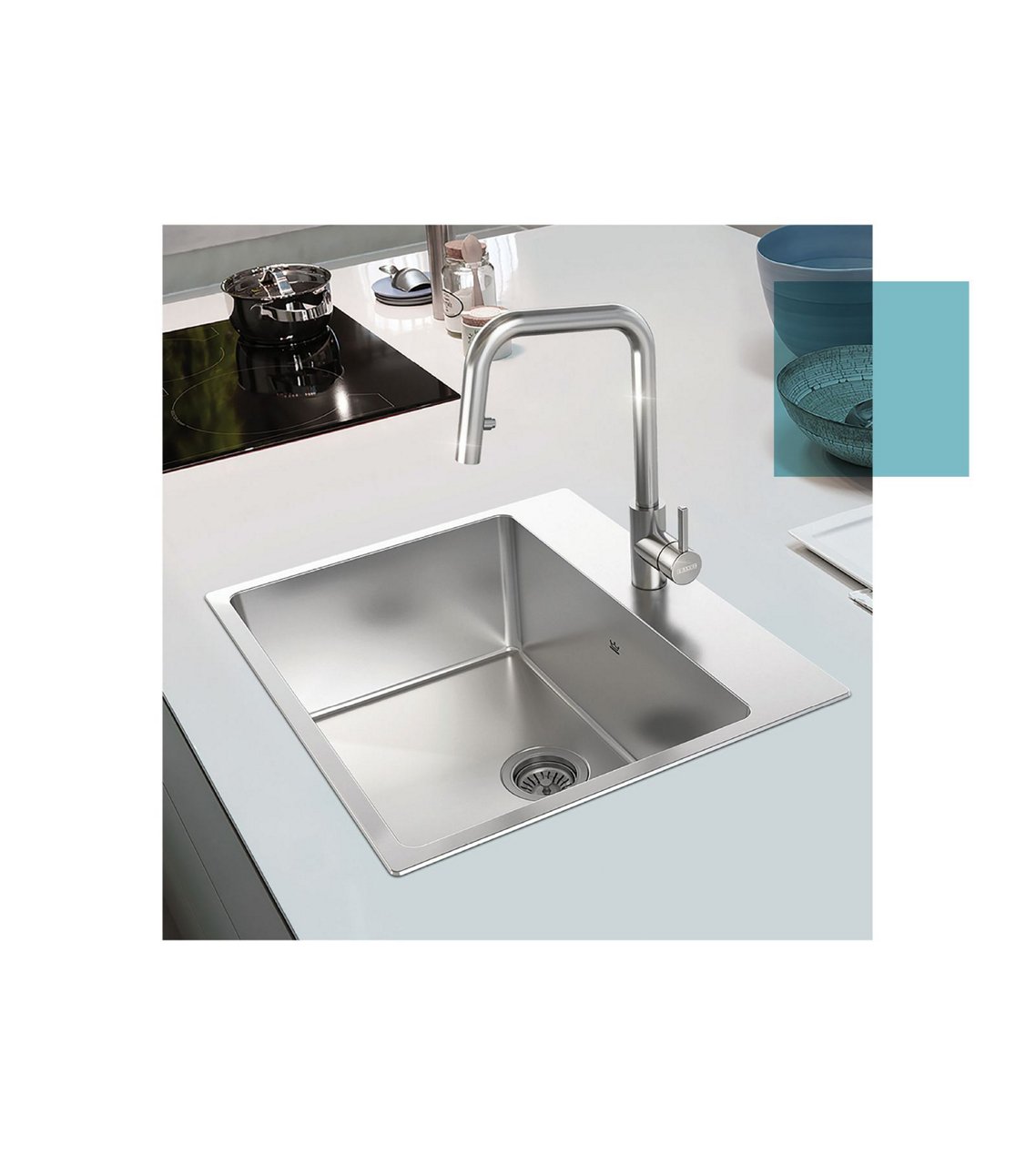 Top view of a Kindred Brookmore prep kitchen sink with a stainless steel faucet