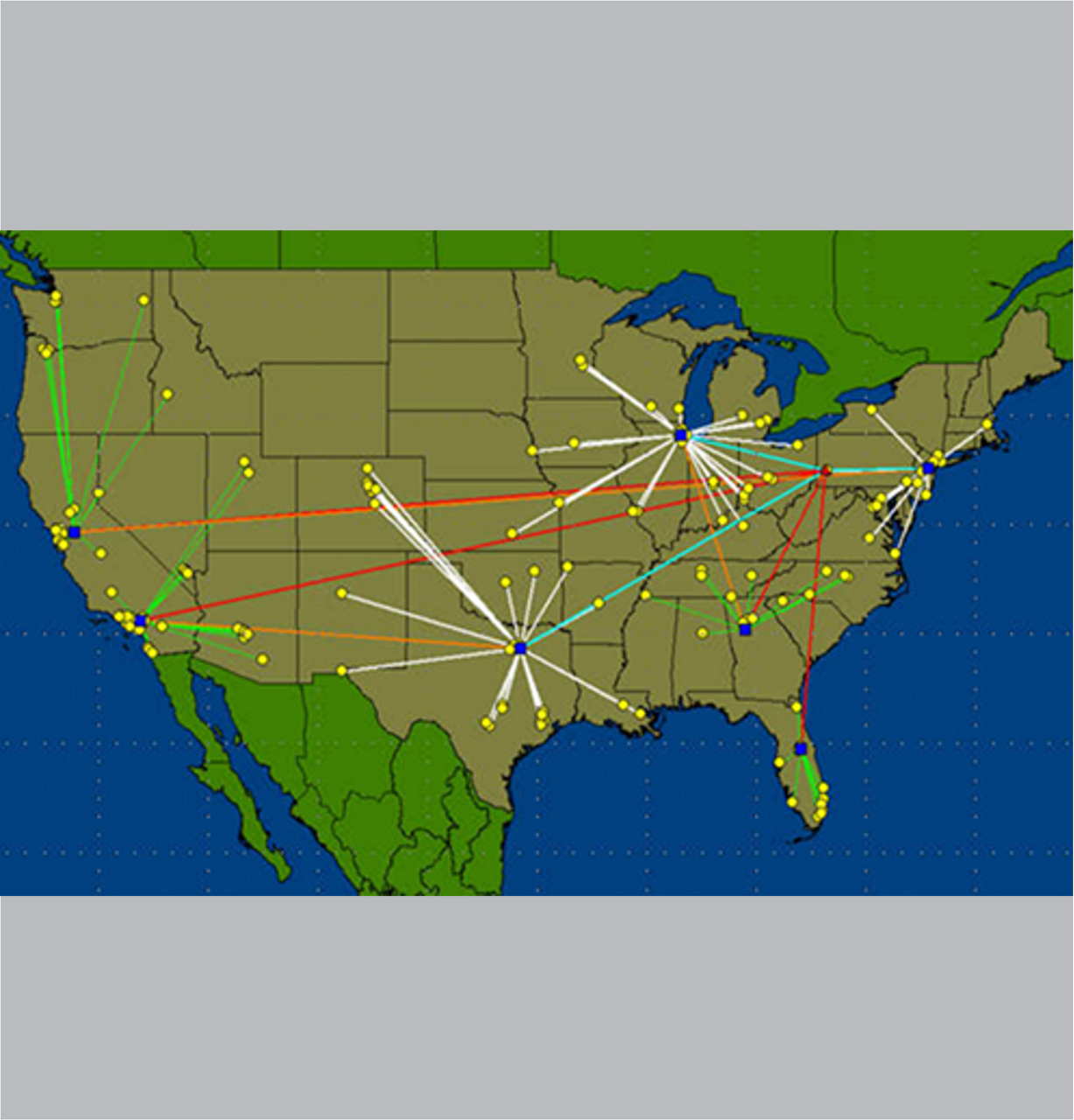 Square United States Map shows the various locations where Chain Link Services has warehouses or third-party logistics partners
