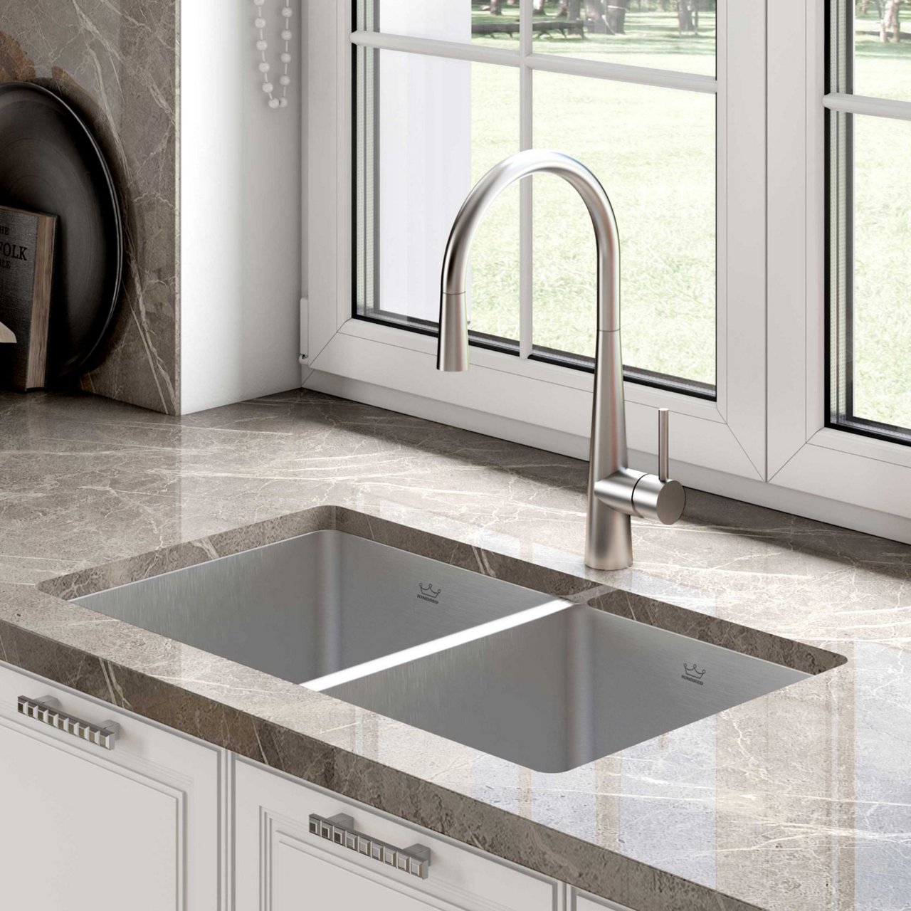 Kindred stainless steel double bowl undermount kitchen sink in marble countertop 