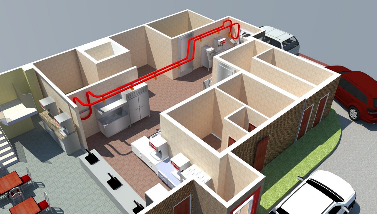 Layout diagram showing the Franke transporter connecting the kitchen with a drive-through booth