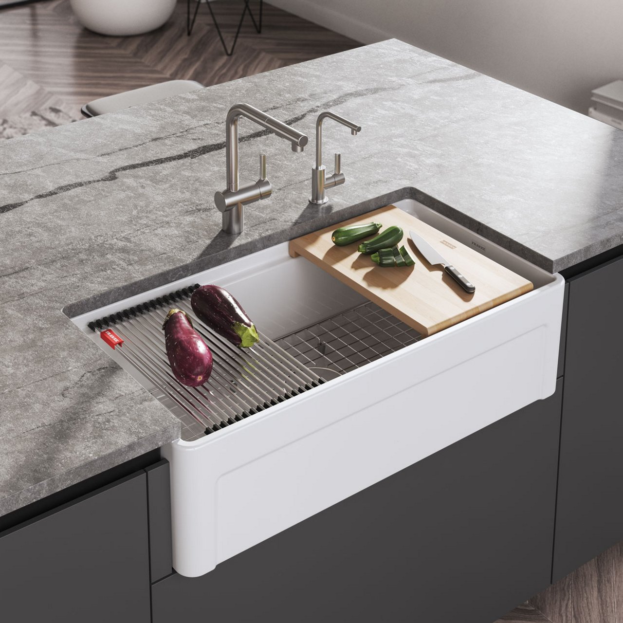 Franke ceramic kitchen sink with accessories and matching steel tap