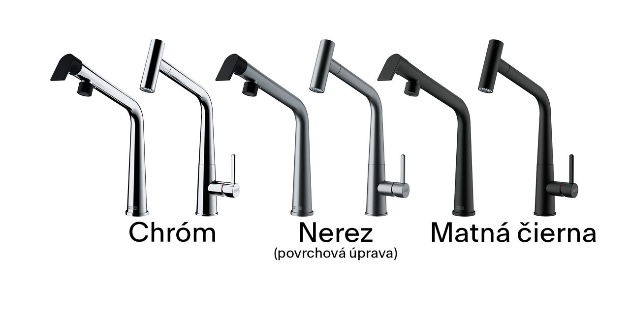 All the different version and finishes showing for Icon Taps: Swivel Spout and Pull Out in Chrome, Steel Optics and Matte Black