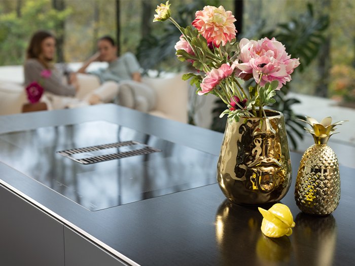 For samarbejds-partnere stainless Steel Worktops Blackpearl Finish with flower vase 