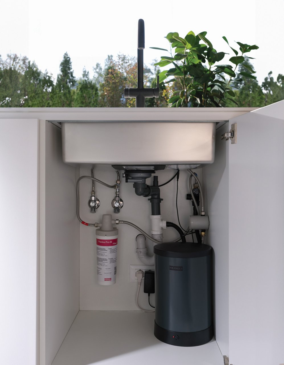 Franke Maris Water Hub with electronic operation showing what's installed under the sink 