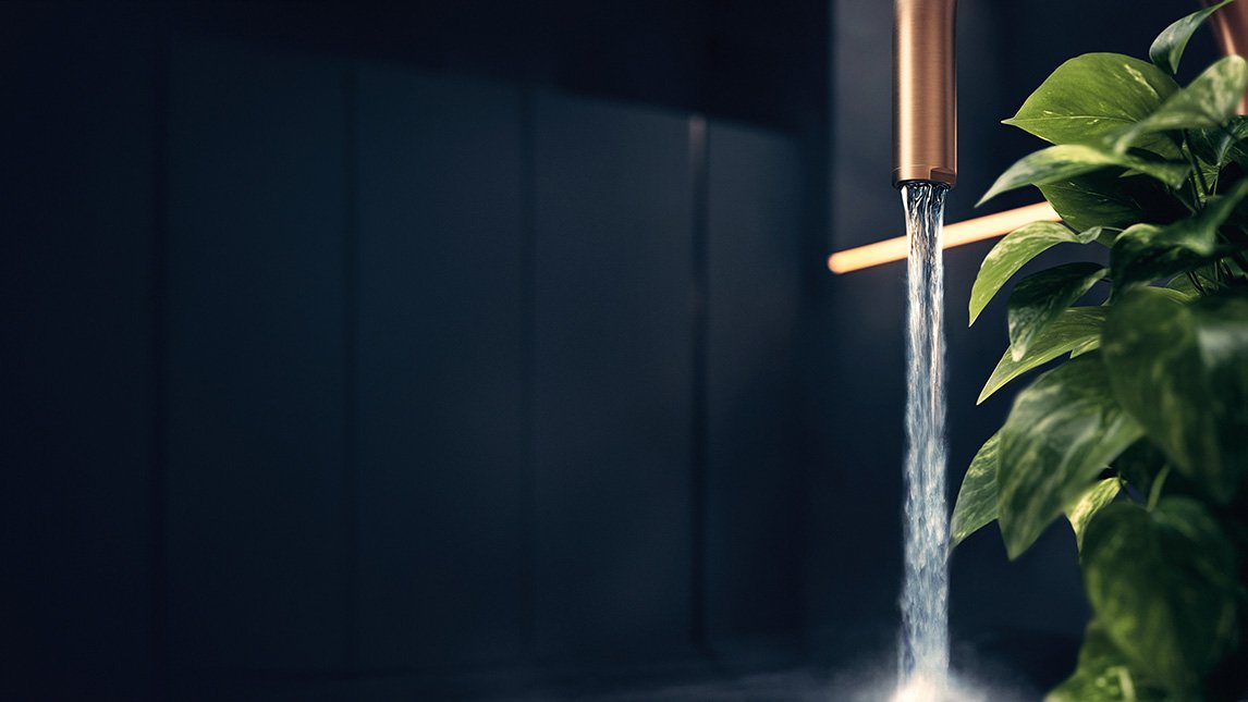 Water running from a copper kitchen tap