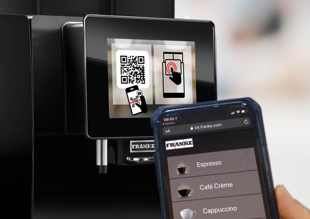 Franke Coffee Systems coffee machine screen and mobile screen, Franke touchless ordering