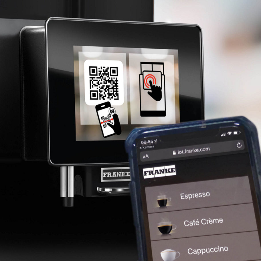 Franke Coffee Systems coffee machine screen and mobile screen, Franke touchless ordering