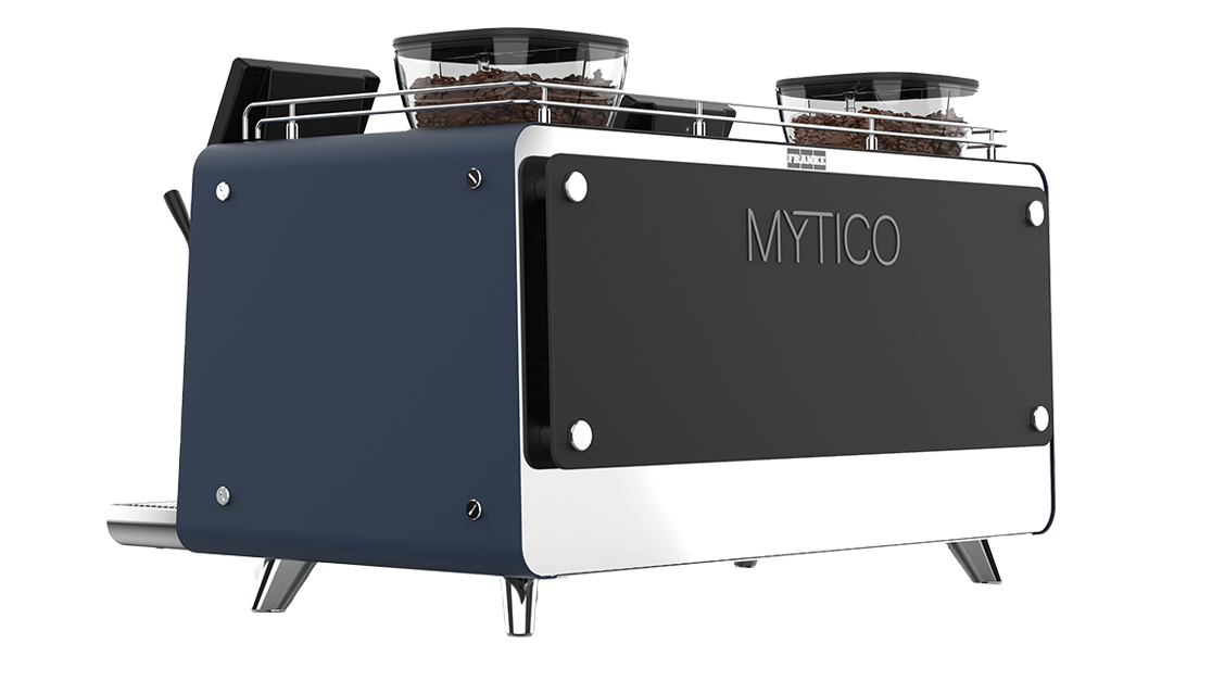 Franke Coffee Systems, Mytico Due, BeyondTraditional, professional fully automatic coffee machine, hybrid coffee machine, back left view, blueberry color