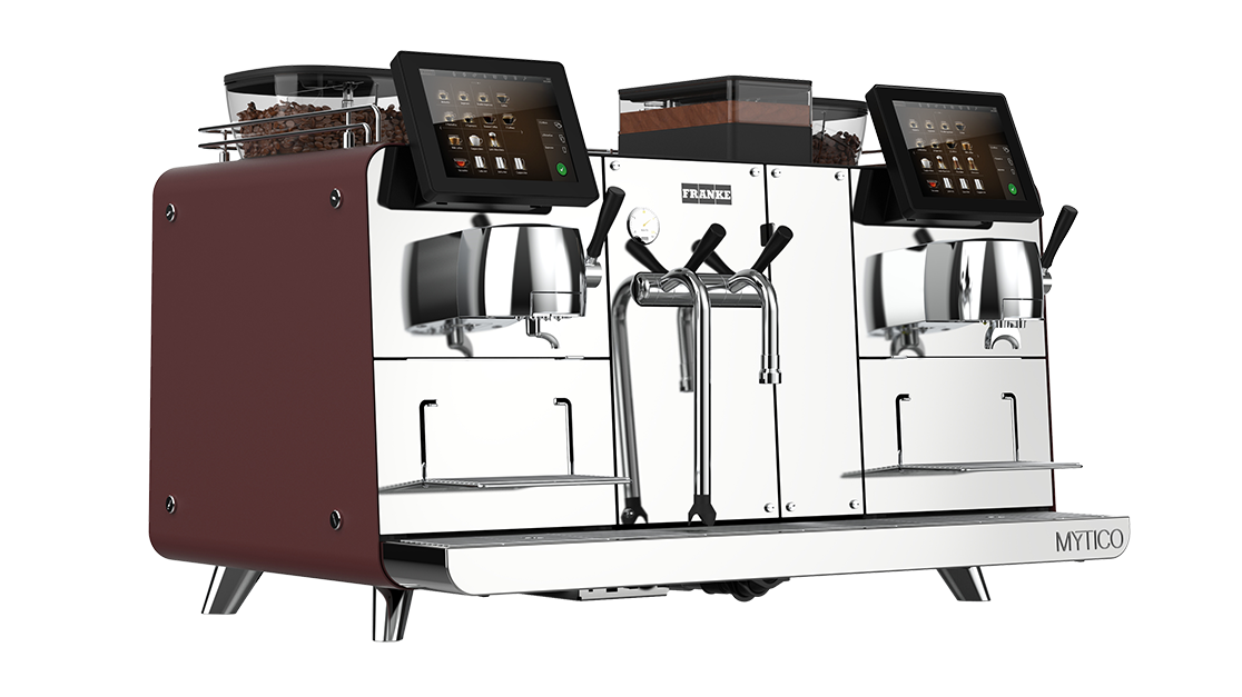 Franke Coffee Systems, Mytico Vario, BeyondTraditional, professional fully automatic coffee machine, hybrid coffee machine, front left view, burgundy color