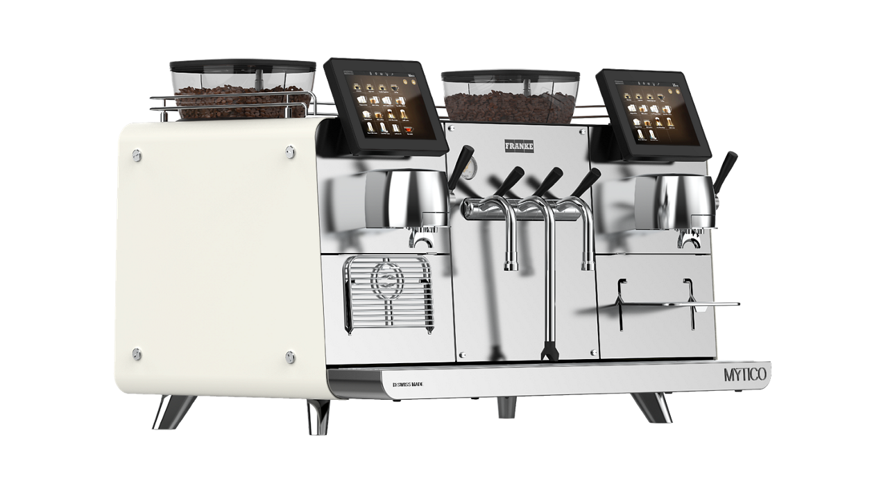 Franke Coffee Systems, Mytico Due, BeyondTraditional, professional fully automatic coffee machine, hybrid coffee machine, front left view, cotton color