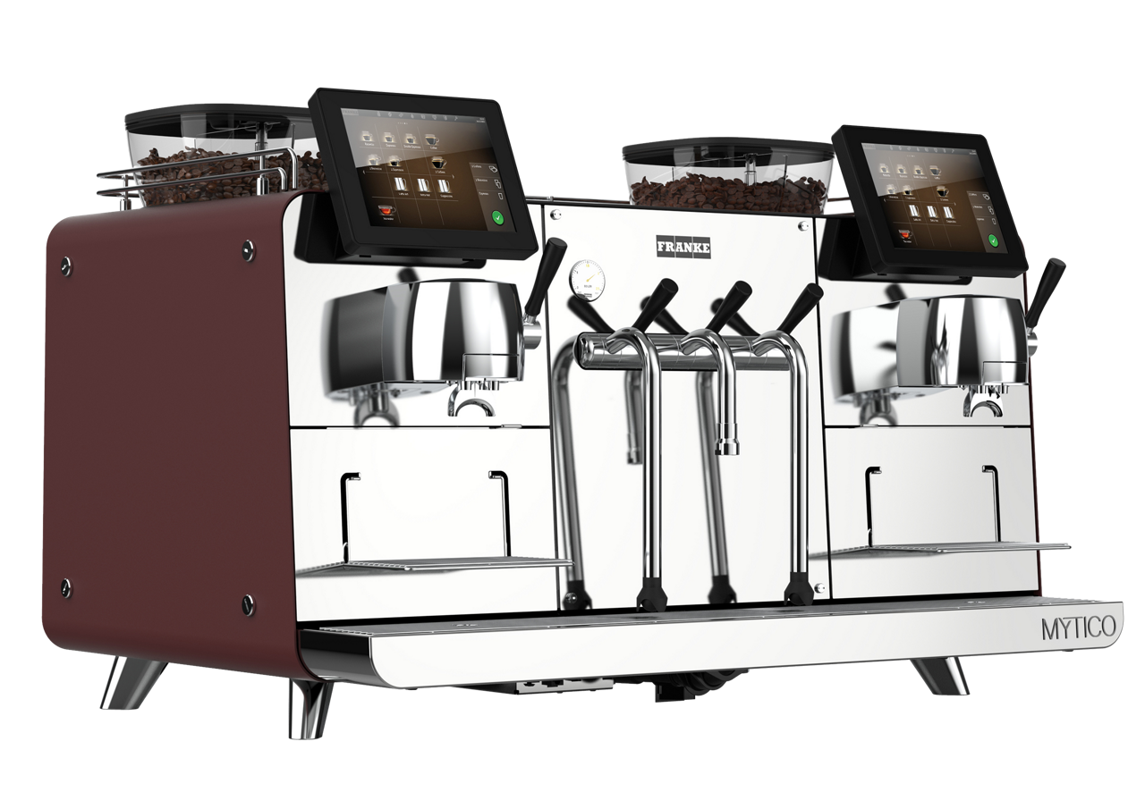 Franke Coffee Systems, Mytico Due, BeyondTraditional, professional fully automatic coffee machine, hybrid coffee machine, front left view, burgundy color