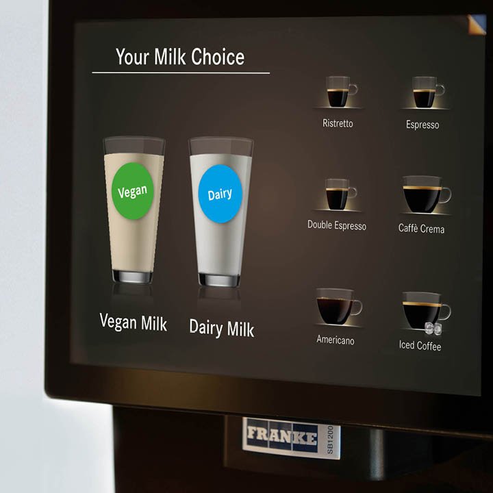 Franke Coffee Systems, coffee machine screen, dairy milk and oat milk choice