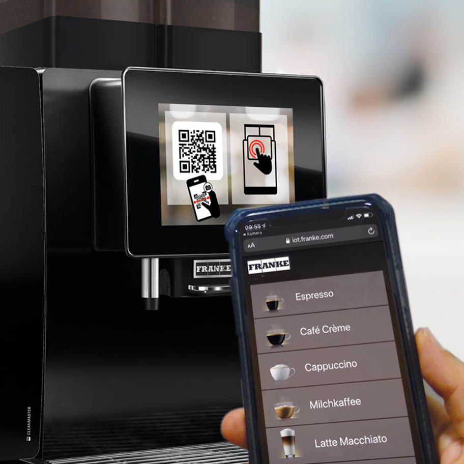 Franke Coffee Systems coffee machine screen and mobile screen, Franke touchless ordering