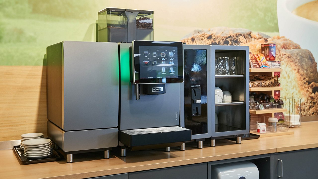 Franke Coffee Systems, fully automatic coffee machine for self-service with payment system, cooling unit, cup warmer, grey