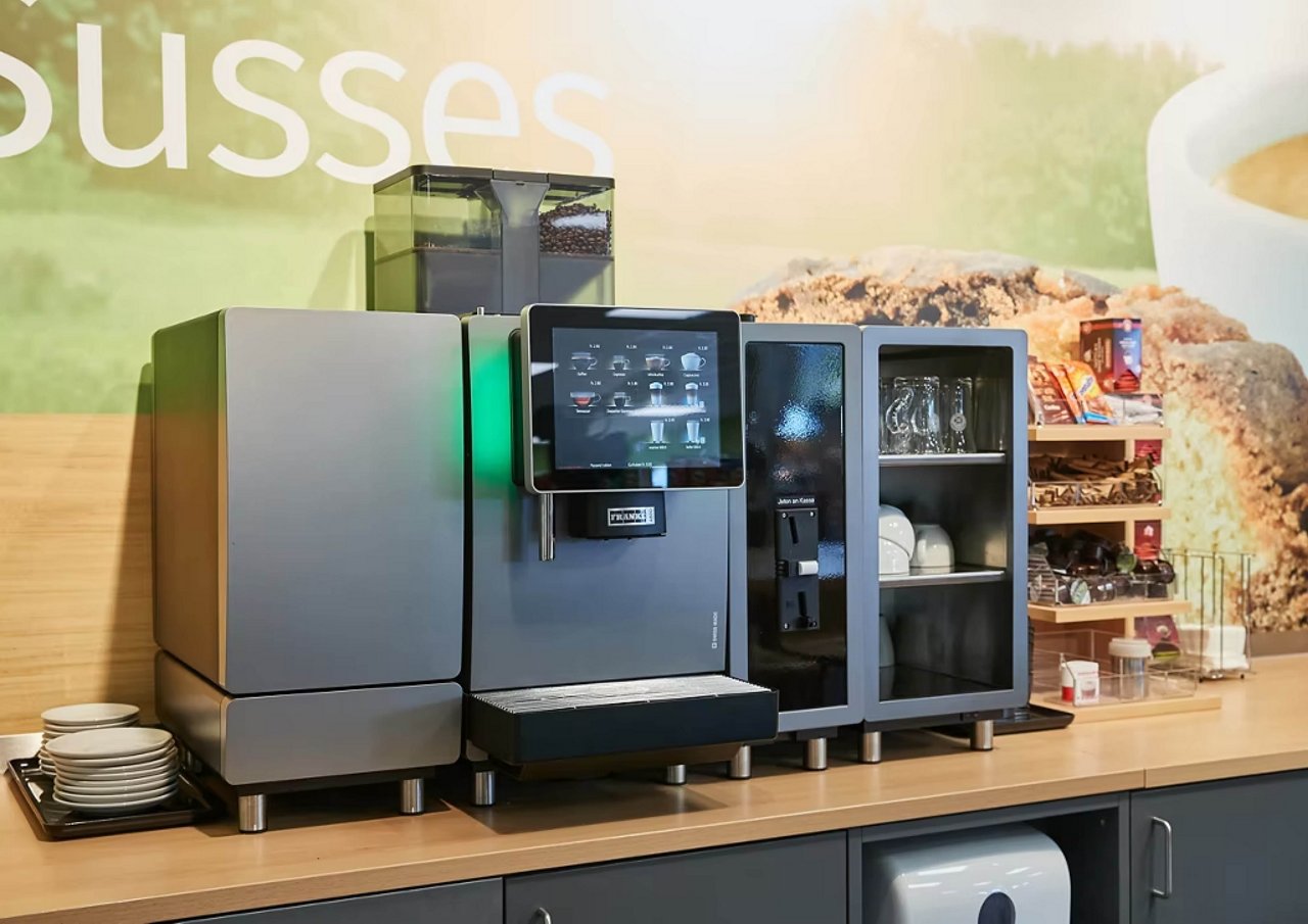 Franke Coffee Systems, fully automatic coffee machine for self-service with payment system, cooling unit, cup warmer, grey