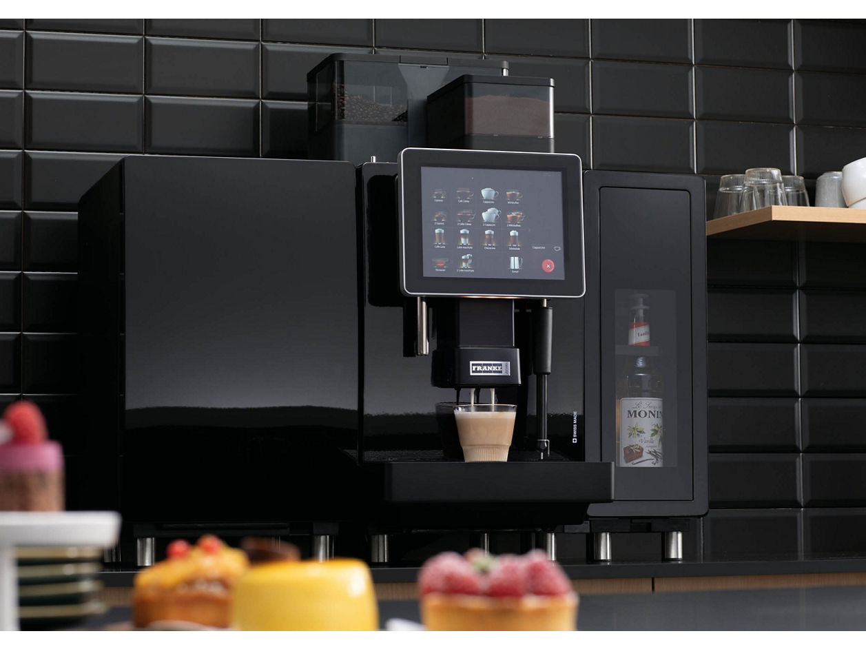 Franke Coffee Systems, fully automatic coffee machine Franke A800 with black background, café and deserts, bakery environment