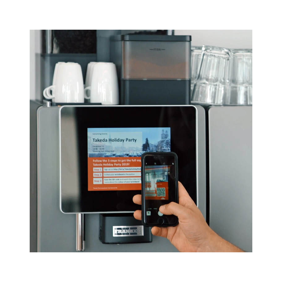 Franke Coffee Systems & Takeda, Takeda digital signage screen, fully automatic coffee machine Franke A1000, qr code scanning with mobile phone