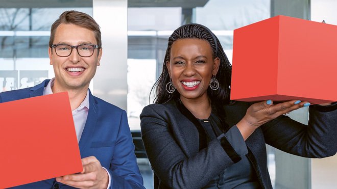 Career represented by two persons holding up red cubes