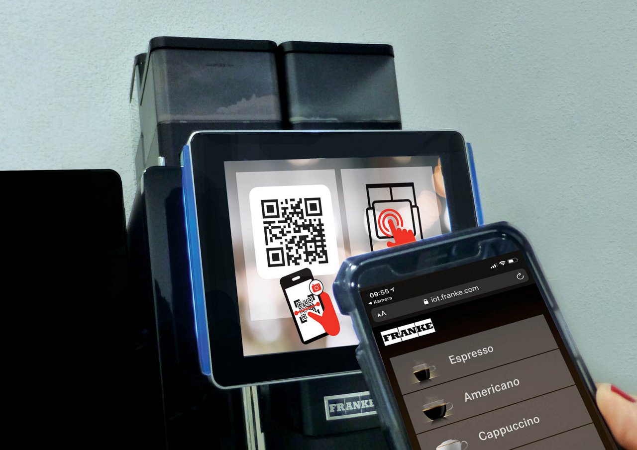 Franke Coffee Systems, fully automatic coffee machine Franke, touchless beverage ordering QR code scanned with mobile phone