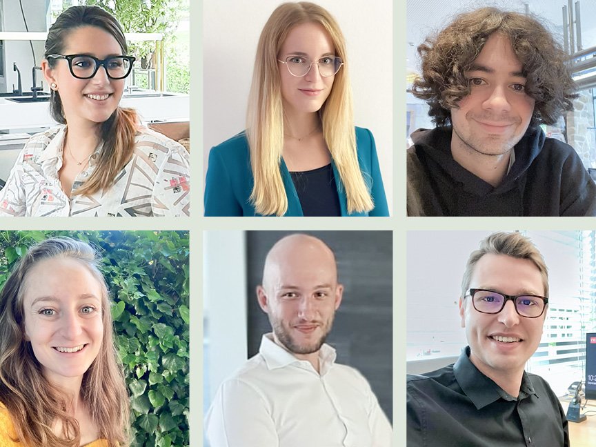 A grid of six individual portraits, featuring three women and three men. Each person is smiling, and they are set against different indoor and outdoor backgrounds with varying lighting conditions