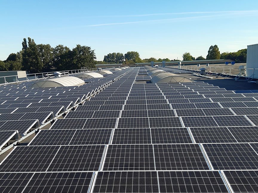 Rooftop filled with an array of solar panels under a clear blue sky. Sparse clouds in the distance and surrounded by green trees.