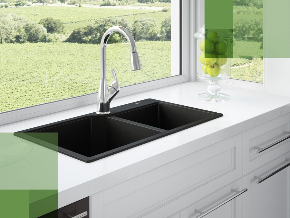 Kitchen with a large window, matte black granite sink, chrome faucet and white kitchen cabinet