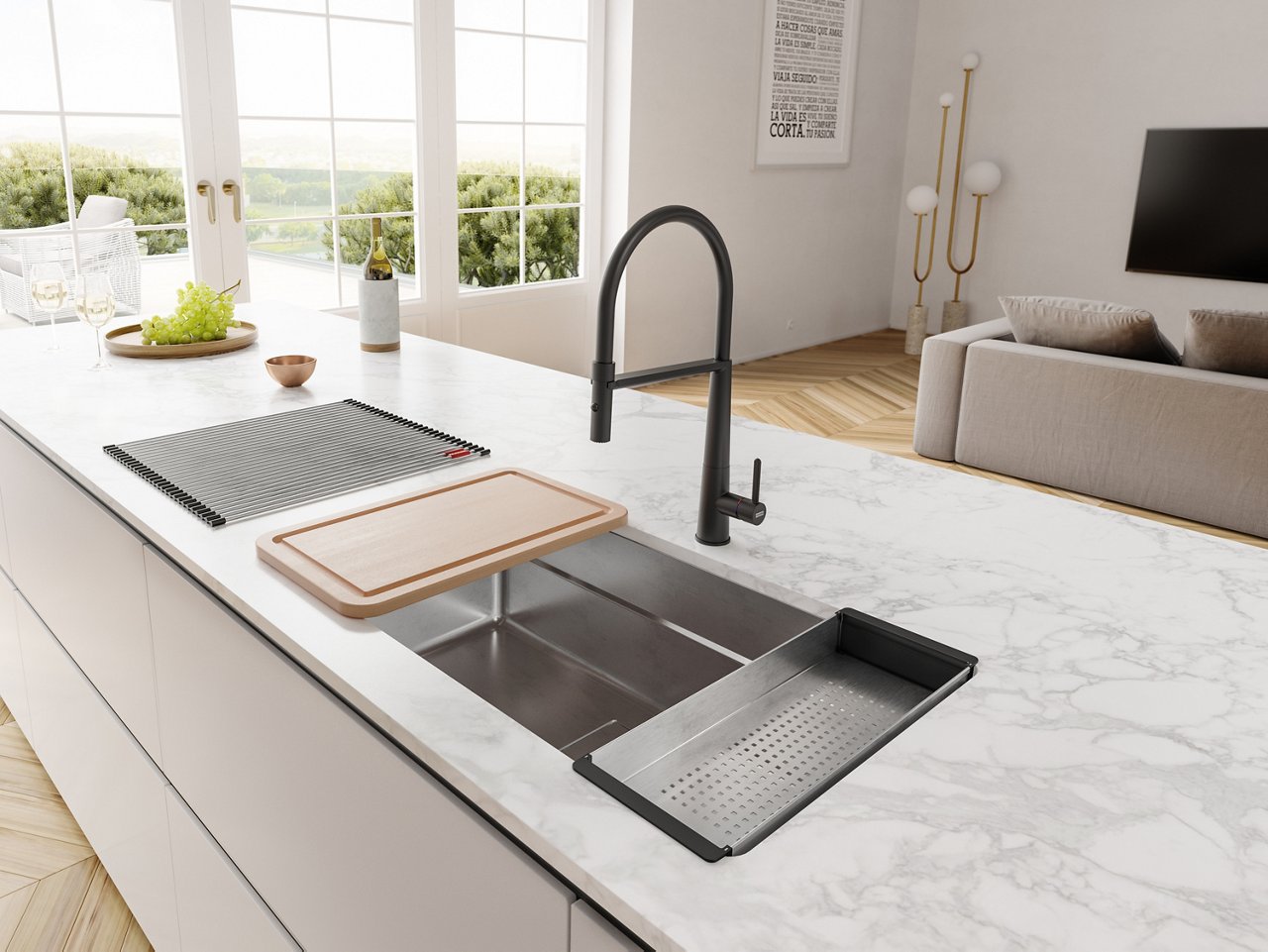 Bright modern kitchen with a Franke pescara stainless steel sink and matte black Icon faucet