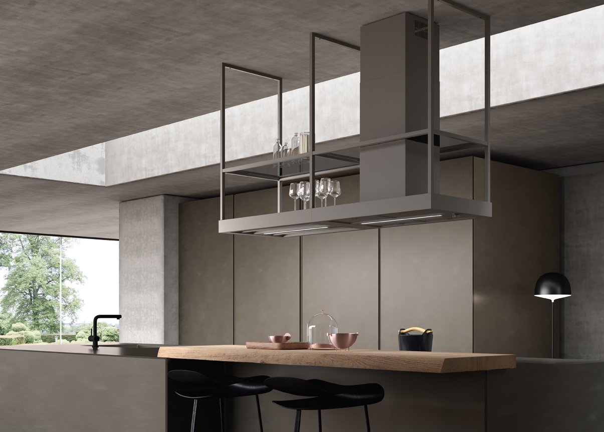 Cuisine avec hotte îlot T-Shelf en noir