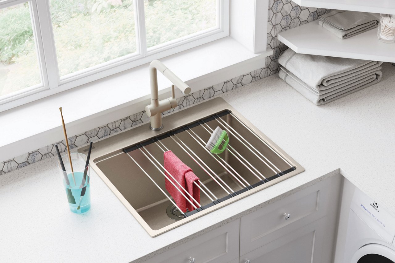 Topmount laundry room granite sink with a drying rack