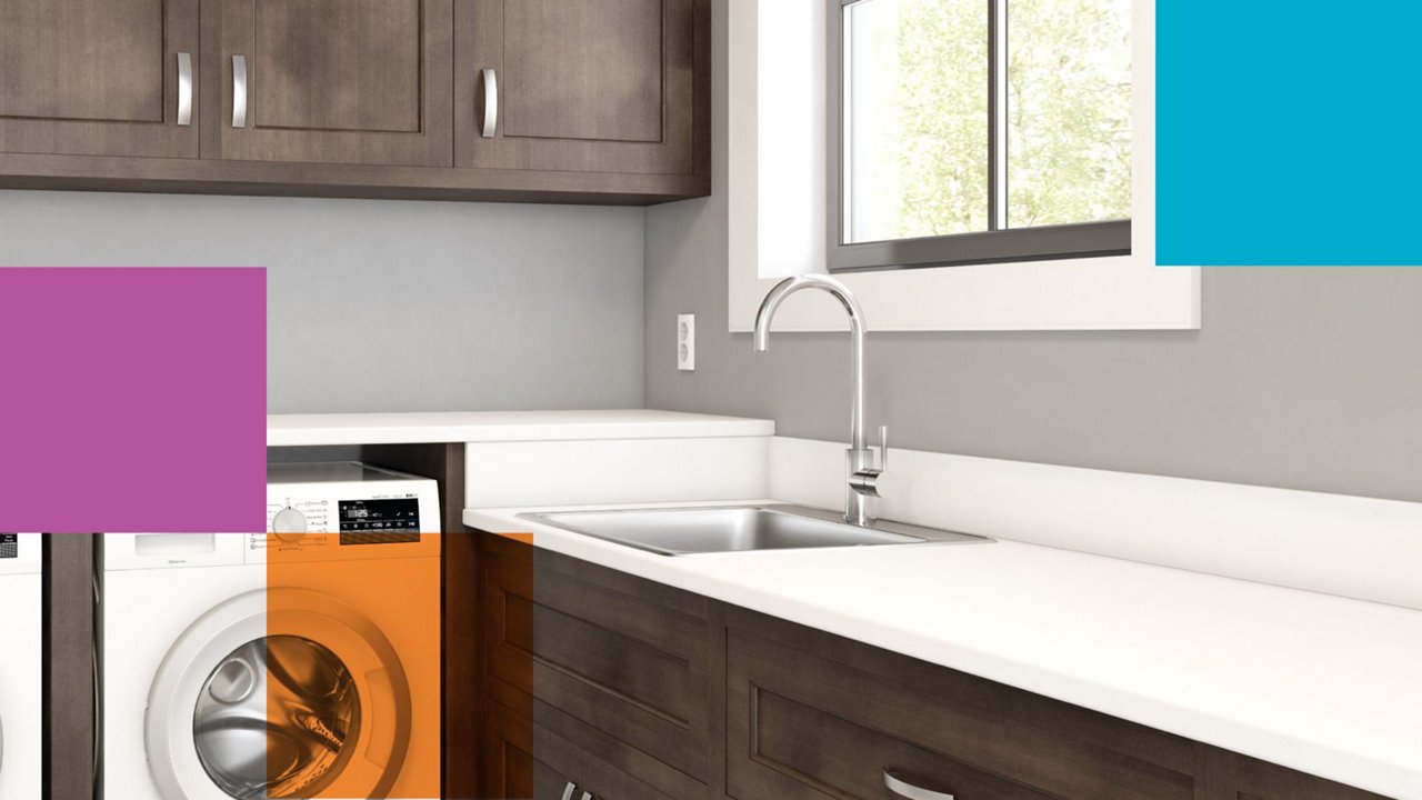 Bright modern laundry room featuring a single bowl stainless steel utility sink and faucet