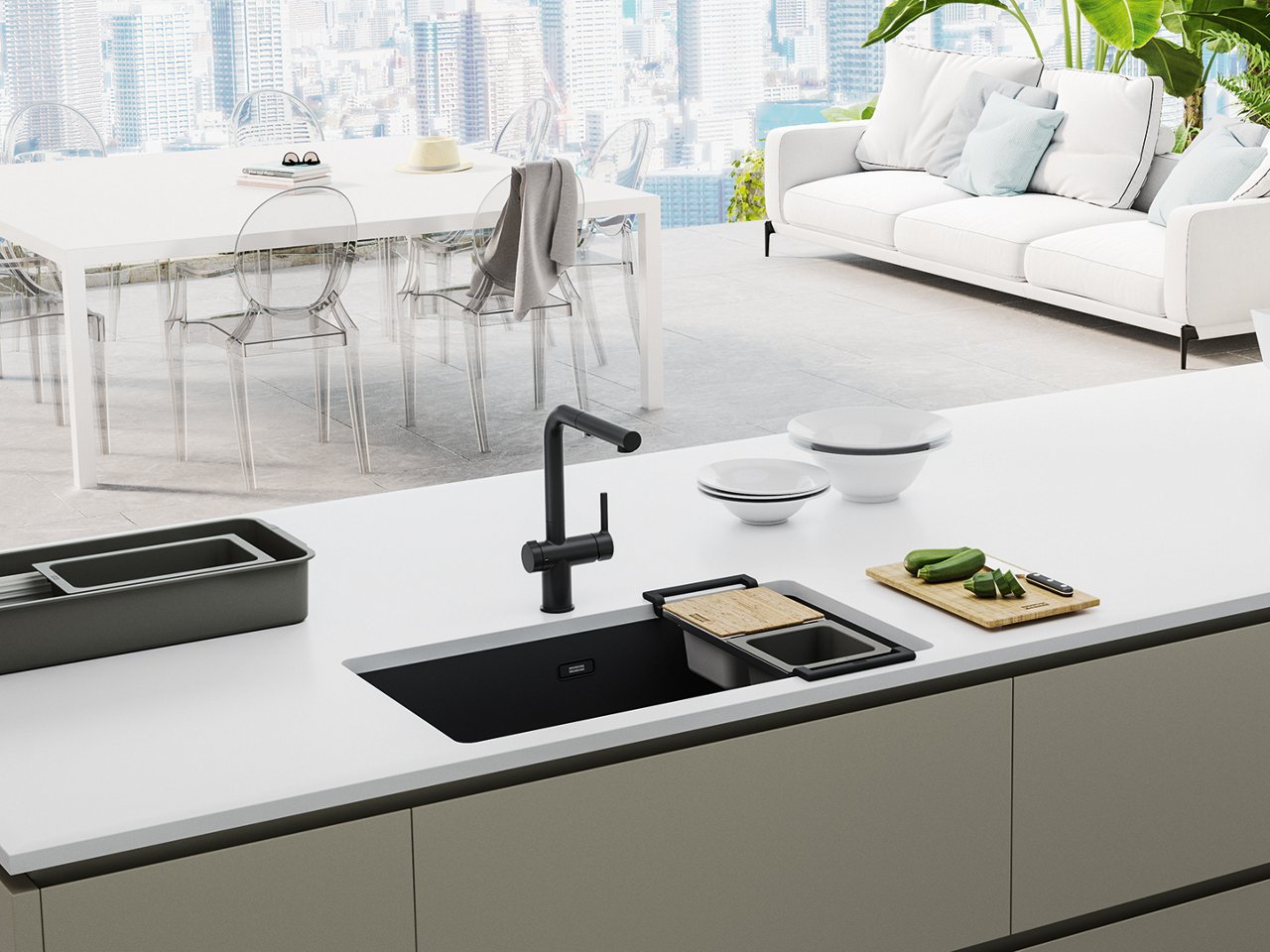 Raised view of  black kitchen sink  on white counter