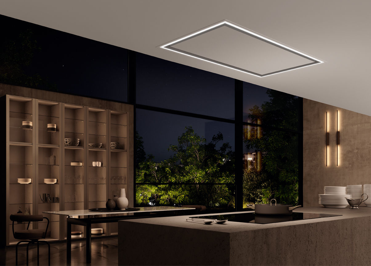Mythos pearl white dampkap in sfeervolle keuken met sfeerverlichting