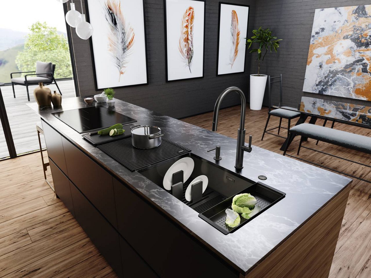 Anthracite kitchen sink with accessories