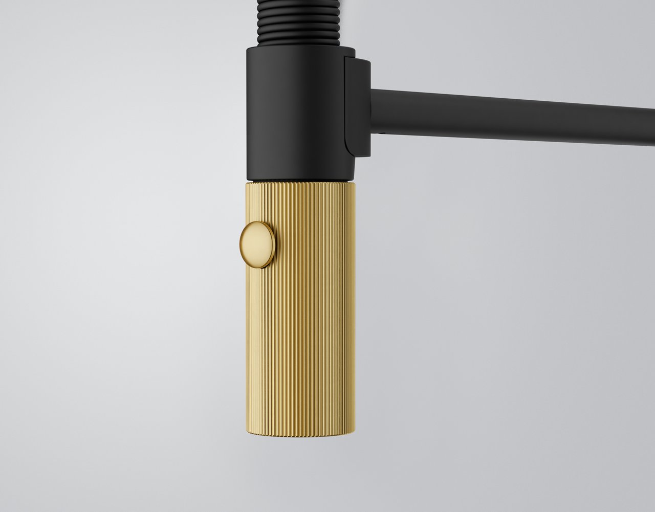 Black matt Maris Stripes tap with copper details and finishes showing details of spray head