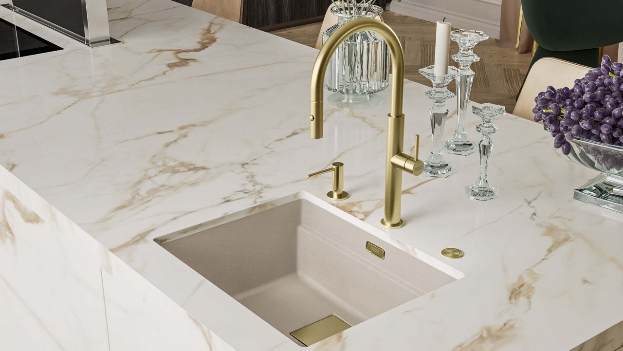 Franke kitchen sink and kitchen tap with gold finishes