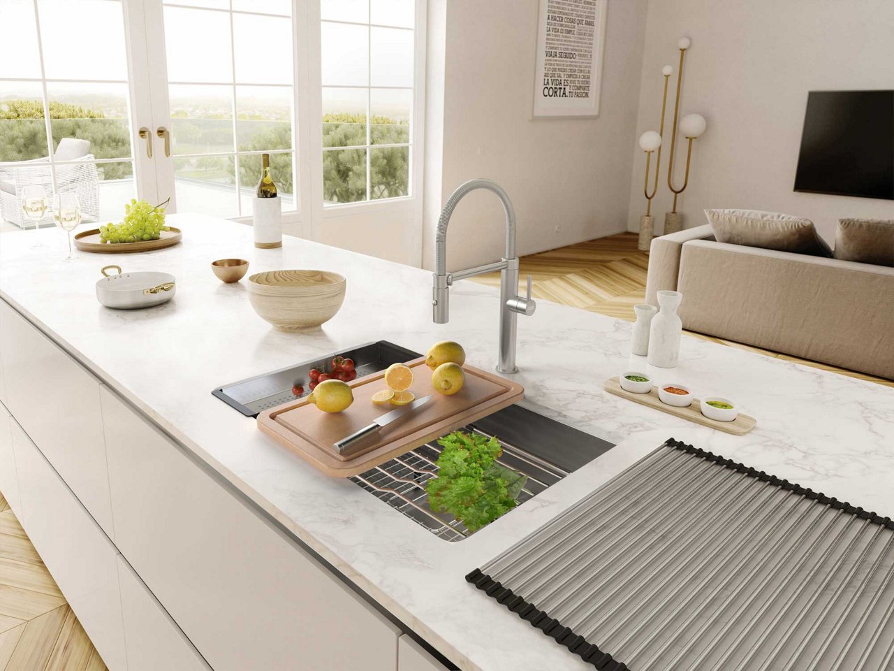 Vegetables being prepped over a Franke Pescara single bowl stainless steel kitchen sink set in a large kitchen island