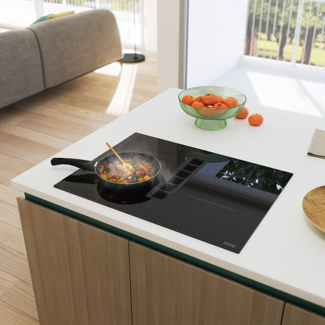 Franke Smart 2gether Ellipse induction hob with integrated extractor in use