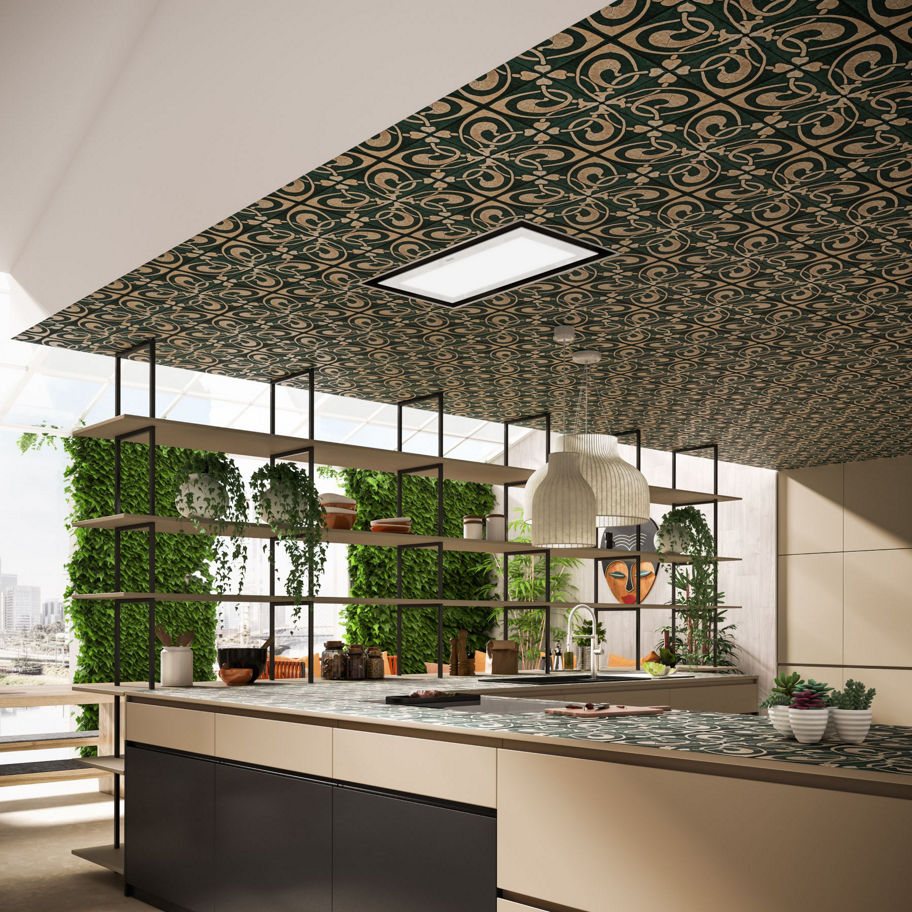 Franke kitchen showing a Franke tap, a green wall, range hood