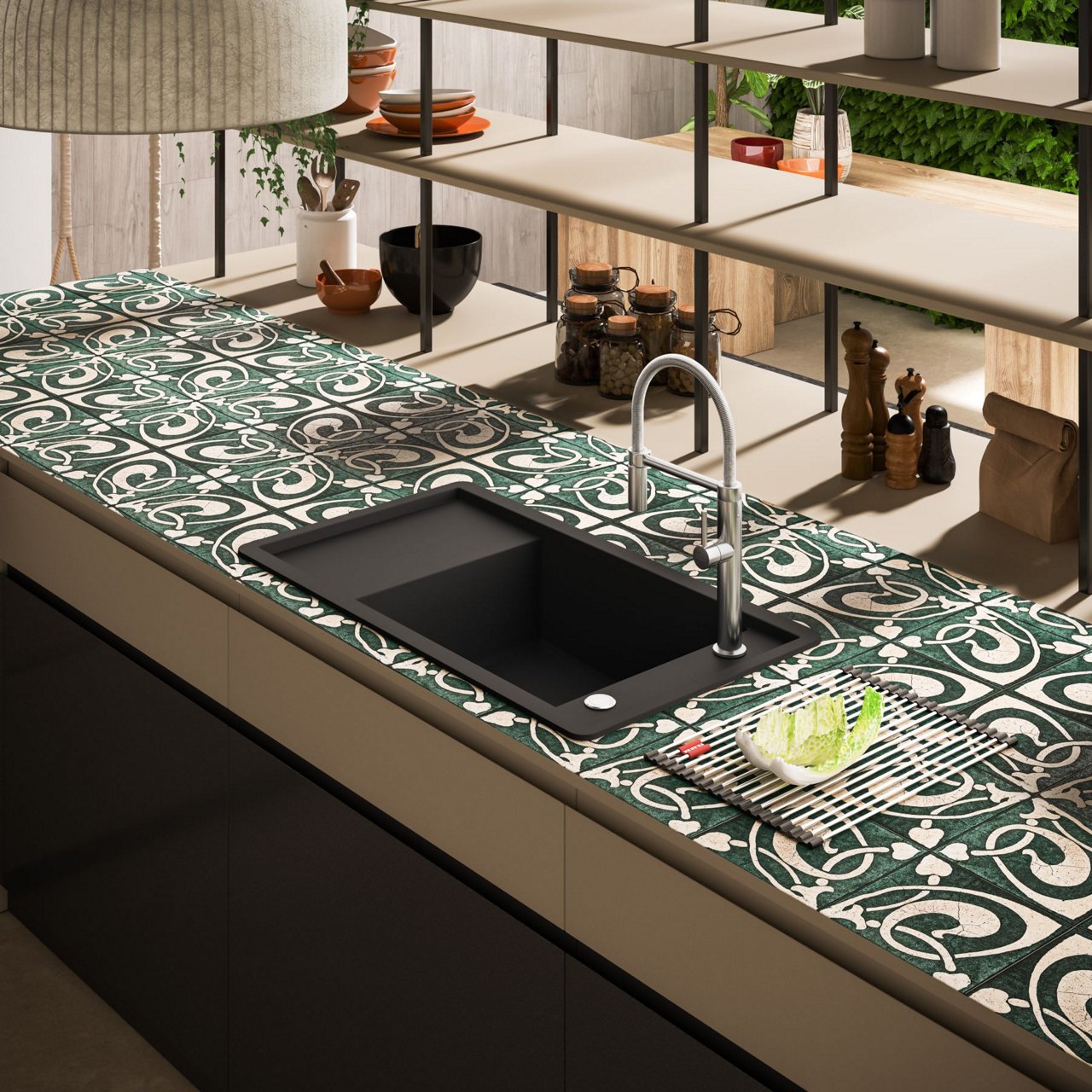 Franke Pescara tap and Fragranite black sink with green tiles around